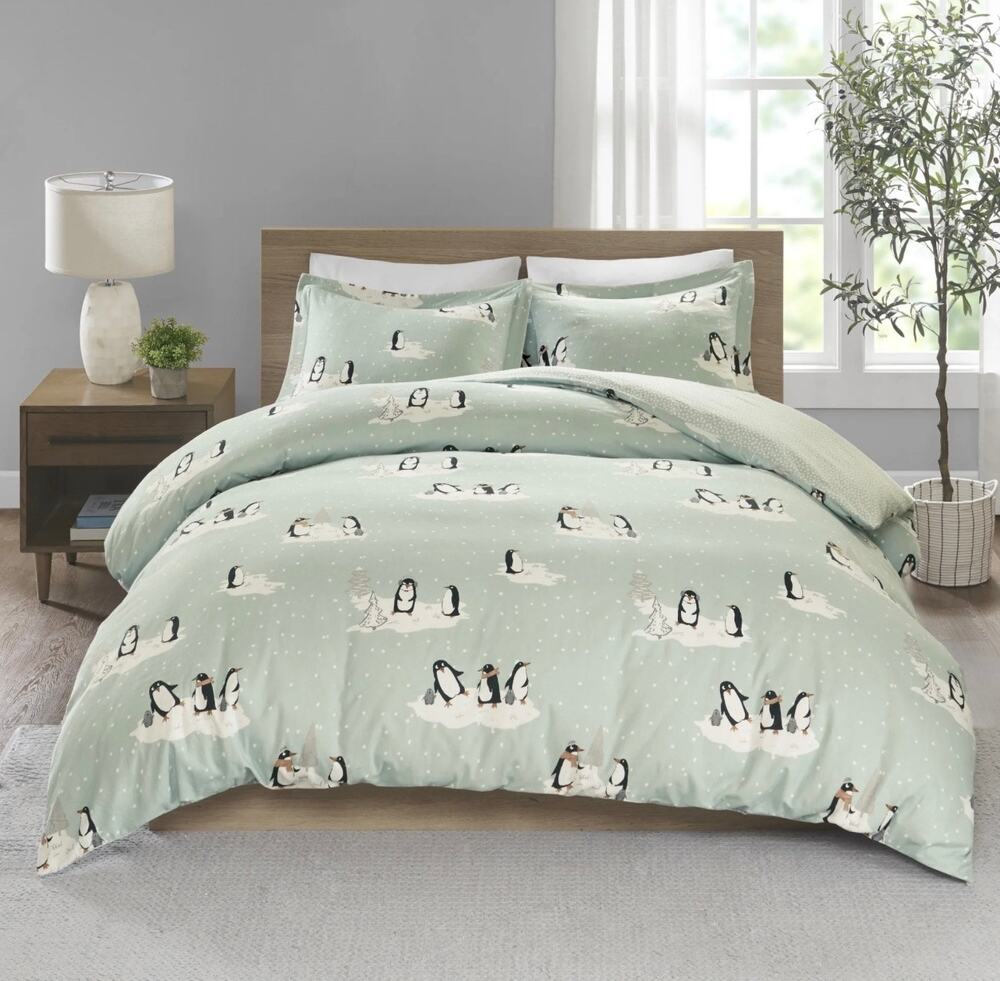 True North Playful Holiday Winter Penguins Mint Green Cotton Flannel Duvet Set
